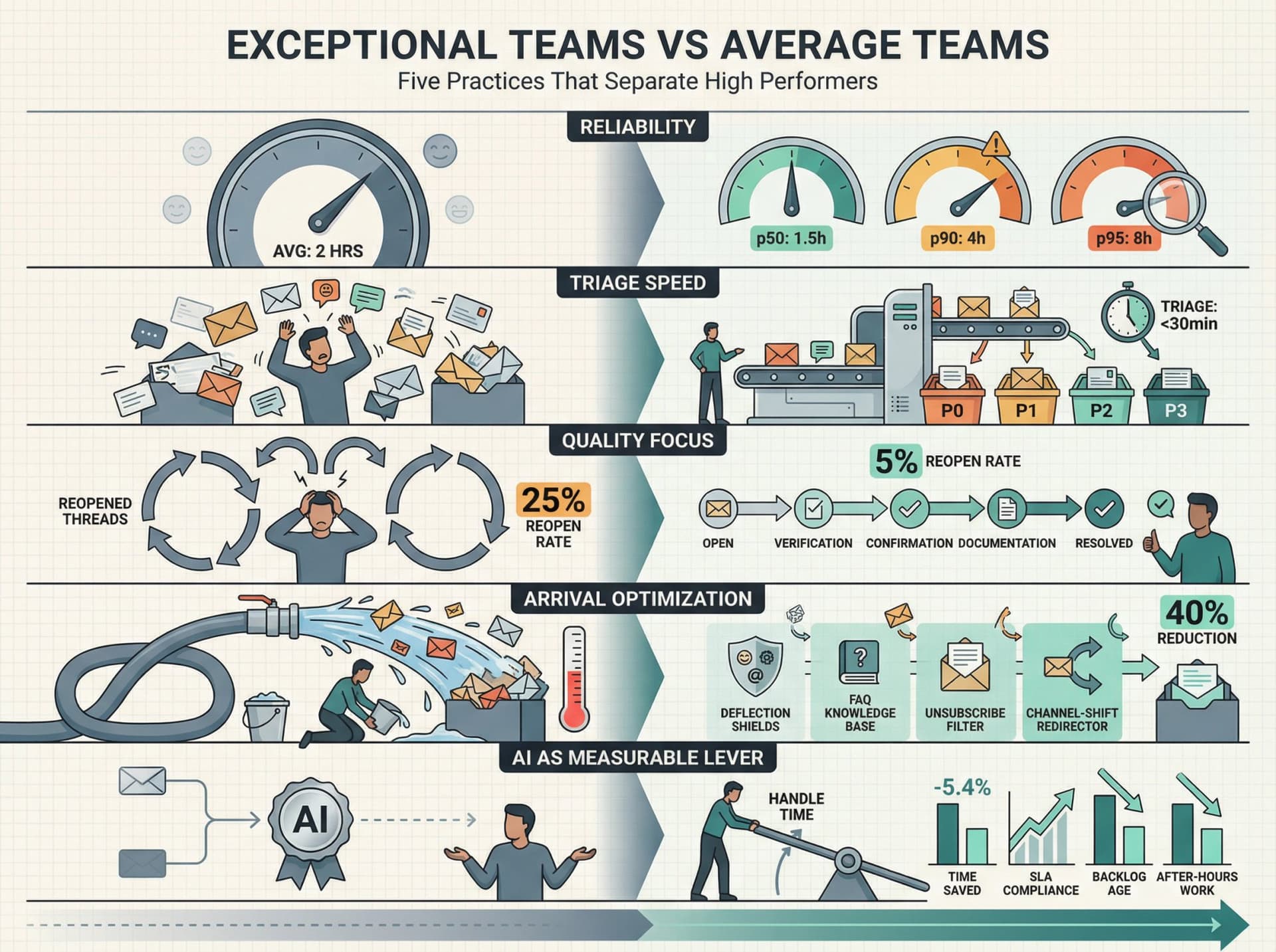 Split-screen editorial illustration comparing average teams versus exceptional teams across five key practices